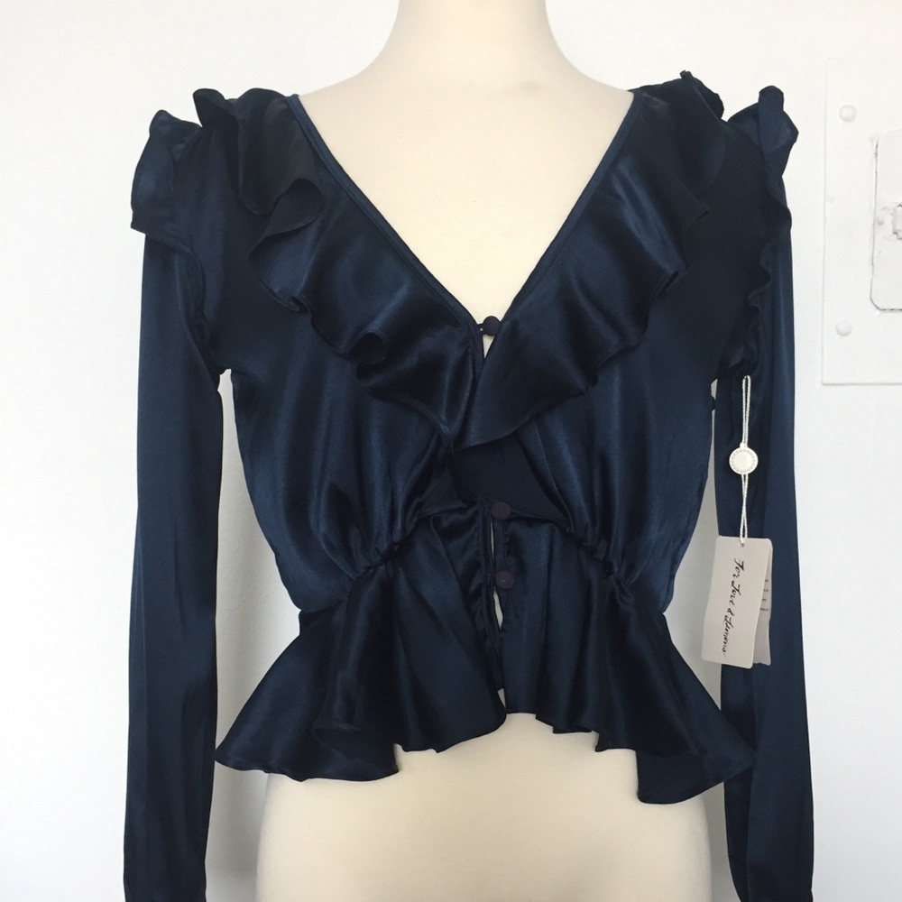 For Love and Lemons Navy Satin Open-Back Frill Top